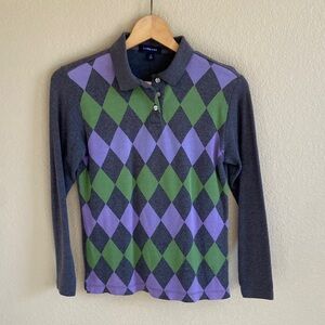 Lands' End Green, Grey  and Purple Argyle Polo